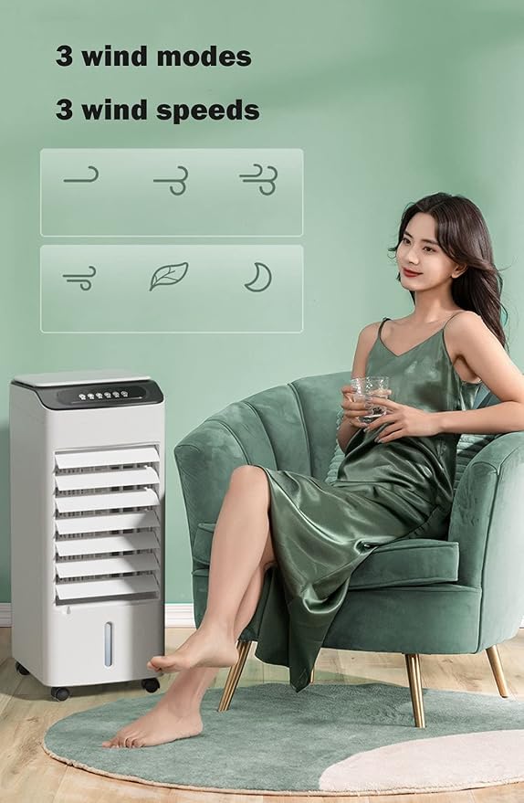 3-in-1 Bladeless Tower Fan with 4L Water Tank & Ice Crystal Packs — 3 Speeds, 3 Wind Modes, 7-Hour Timer, Remote Control, Wheels