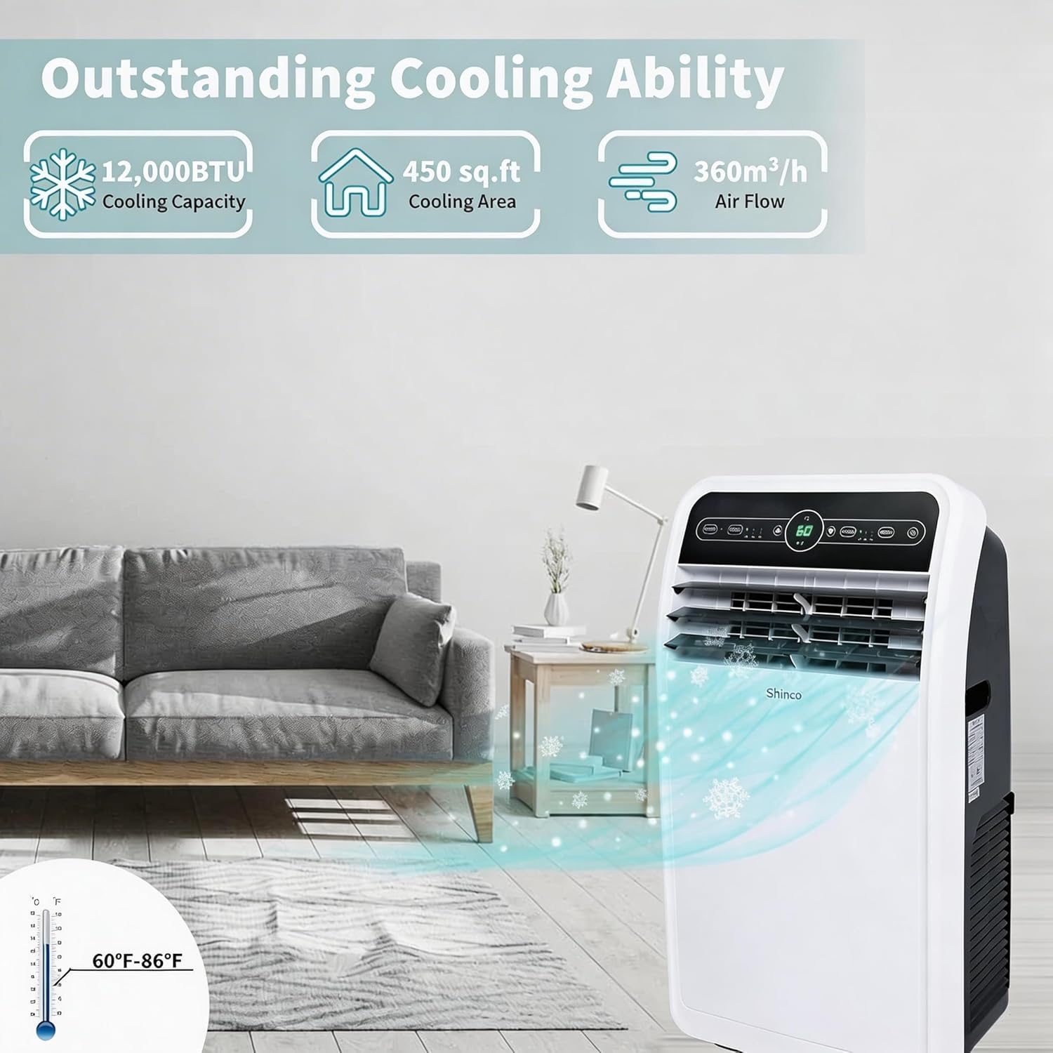 Portable Air Conditioner 12000 BTU with Dehumidifier and Fan Modes, Remote Control, 24h Timer, Window Kit