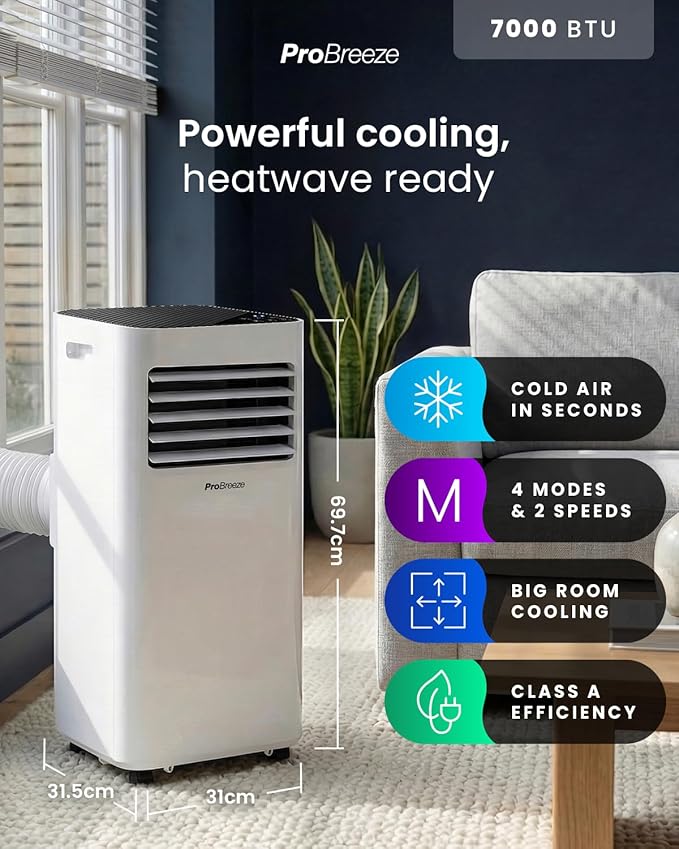 7,000 BTU 4-in-1 Portable Air Conditioner — Cooling, Dehumidifier, Fan & Sleep Mode, 24hr Timer, Remote Control, Dual Window Kit