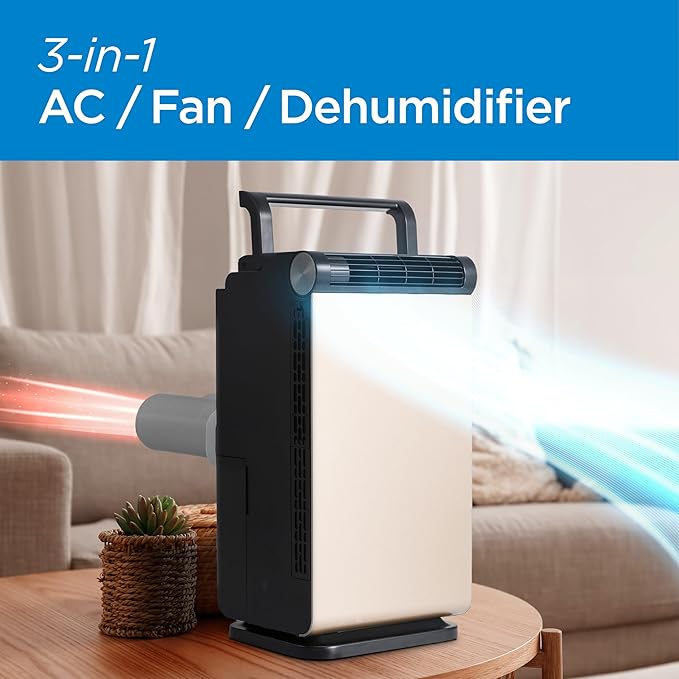 3-in-1 Personal Portable Air Conditioner, Fan & Dehumidifier — Windowless, 1,000 BTU, LED Display, Timer, Dual Exhaust