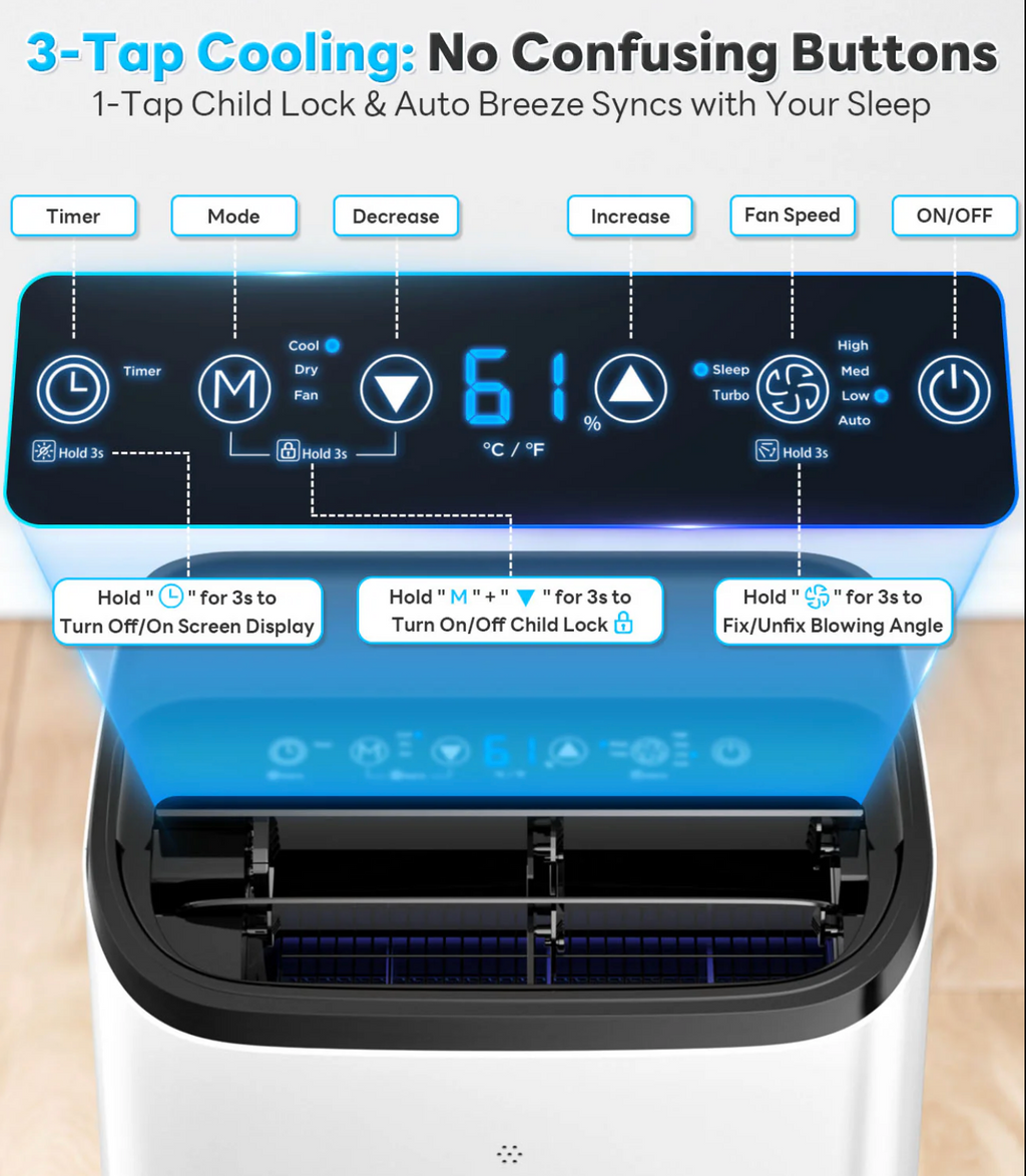 14,000 BTU 3-in-1 Portable Air Conditioner — Cools Up to 65m², Auto-Evaporation, Low Noise, Remote Control