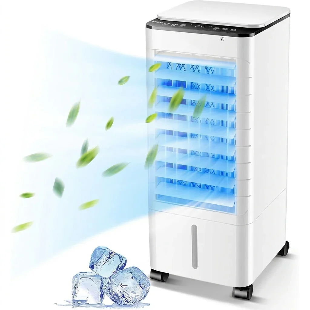 3-in-1 Bladeless Tower Fan with 4L Water Tank & Ice Crystal Packs — 3 Speeds, 3 Wind Modes, 7-Hour Timer, Remote Control, Wheels